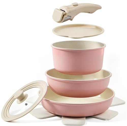 Warmiehomy 8-Piece Non-Stick Pots and Pans Set, Detachable Handle, Pink