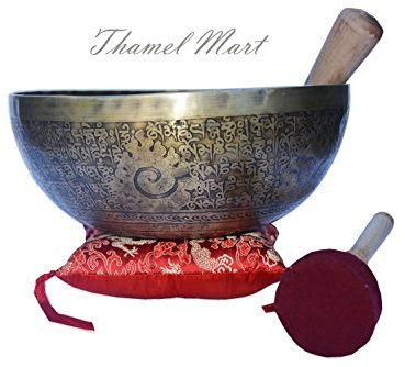 11 Inch Finest Meditación Mantra carvsinging cuenco, grabado arte tibetano y Budha, cuenco tibetano con mazo de tambor Stick cojines y, cuencos de Tíbet