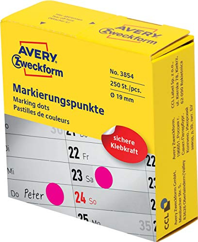 AVERY Zweckform 3854 selbstklebende Markierungspunkte (ø 19 mm, 250 Klebepunkte auf Rolle im Spender, runde Aufkleber für Kalender, Planer und zum Basteln) magenta