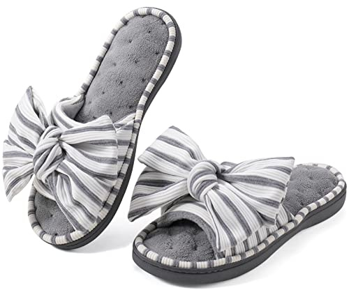 ULTRAIDEAS Women's Memory Foam Open Toe Slide Slippers with Cute Bowknot, Ladies' Slip on House Shoes Spa Slippers with Indoor Outdoor Anti-Skid Rubber Sole,Grey,5-6 uk