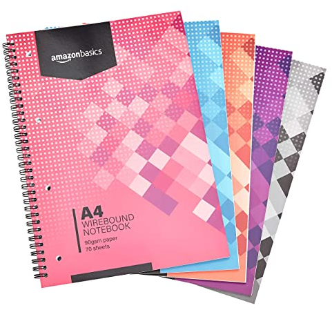 Amazon Basics Spiral-Notizblock, in verschiedenen Farben, 70 Blatt/ 140 Seiten, A4, 90GSM, 5 Stück, Weiß