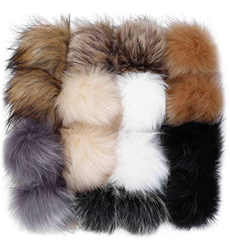Kunstfell Bommel Pompon für Mützen und Beanies, Fake Fur Pom Pom DIY mit Gummiband für Strickmütze Schals Tasche Schlüsselbund Zubehör, Winter Fellbommel 16 Stück