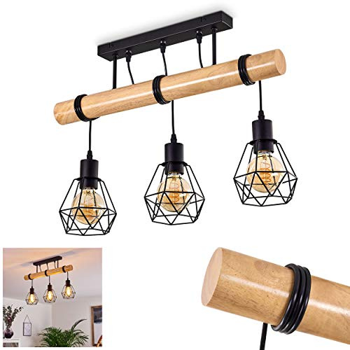 HOFSTEIN Deckenleuchte Yaak, verstellbare Deckenlampe aus Metall/Holz in Schwarz/Natur, Leuchte im Retro/Vintage-Design, Lichteffekt, max. 89,5 cm, 3 x E27, Wohnzimmer, Esszimmer, Schlafzimmer, Küche