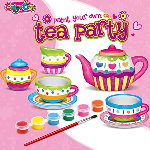 Koolbitz DIY Painted Tea Set For Kids, Art & Craft Pretend Play Kit With Paint & Brushes, Customizable Tea Party Indoor Outdoor Fun Activity Educational Gift For Age 3+ Kids
