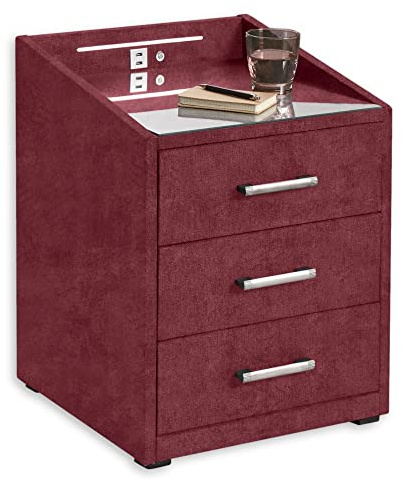 Stella Trading Moon Nachttisch Boxspringbett, Salvador Burgund - Funktionaler Nachtschrank mit USB-Anschluss und LED-Beleuchtung - 47 x 61 x 46 cm (B/H/T)