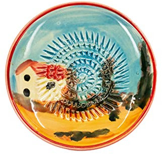 Kaladia - Plato de rallador de cerámica, ideal para jengibre, queso parmesano, etc. - Diseño: casa de campo - Diámetro: 12 cm - Hecho a mano y pintado a mano - Fabricado en España