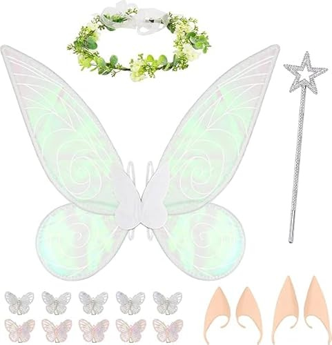 Hysagtek Feenflügel für Erwachsene, 17 Stück Weiße Feenflügel, Glitzernde Engelsflügel, Schmetterlingsflügel mit Elfenohren, Blumenkrone, Feenstab, Anziehset für Halloween, Karneval