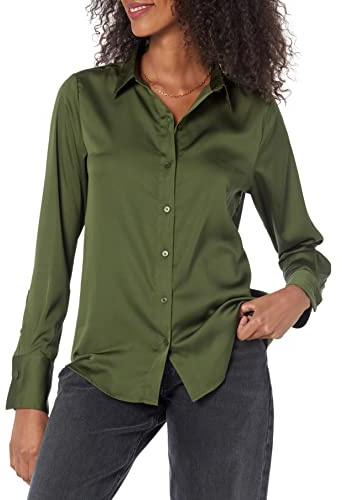 Amazon Essentials Women's Regular-Fit Satin Button Down Shirt (Available in Plus Size), Dark Olive, XL