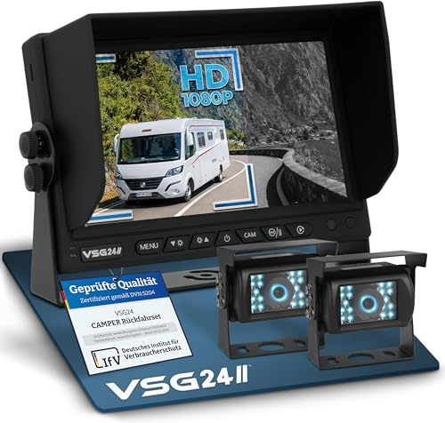 VSG24 Rückfahrkamera Set 7 Zoll Starter LKW-System mit 2 Kameras – wasserdichtes Rückfahrsystem (IP68) – HD Monitor, Nachtsicht, 120° Blickwinkel – Einparkhilfe für LKW, Wohnmobil & Transporter