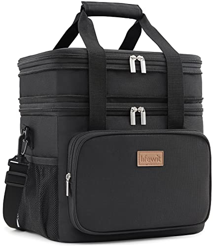 Lifewit Lunchväska för män kvinnor Lunchväska med två våningar, stor isolerad lunchbag kylväska, läckagesäker mjuk lunchbag med axelrem för vuxna för arbete/flyg/resor, 21 liter/ 30 burk, Svart