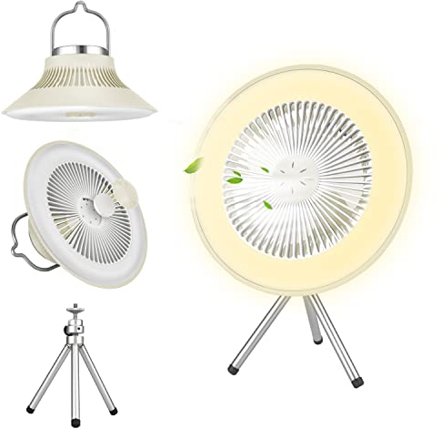 Tentock Camping Fan with Hanging Hook - Battery Powered Rechargeable Tent Fan with Light, USB Ceiling Fan For Bedroom,Camping (white)