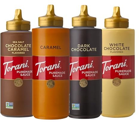 Torani Puremade Dessert & Drink Sauce Variety Pack, Chocolate Caramel, Dark Chocolate, White Chocolate & Caramel, 16.5 fl oz (Set of 4)