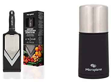 Mandoline en V réglable avec râpe à julienne, avec la pince protège-doigts inclus & Moulin à épices en Acier Inoxydable et en Noir pour Noix de Muscade, Cannelle, fèves Tonka et Autres épices dures