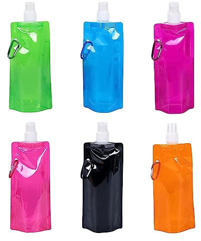 MIVAIUN 6 Stück Faltbare Wasserflasche Wiederverwendbare, 480ML Wasserflaschen Tragbarer Zusammenklappbarer Wassersack, Festival Trinkbeutel mit Schraubverschluss für Wandern, Reisen (6 Farben)