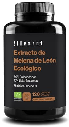 Extracto de Melena de León Ecológico 50% Polisacáridos y 15% Beta-Glucanos - Hericium Erinaceus - Origen Natural y Vegano - 4 Meses de Suministro - 120 Cápsulas Veganas - Zenement