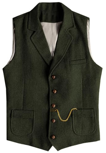 Tuikayoo Västerländskt fiskben tweed kostym väst ull slim fit väst, Armégrön, XXL