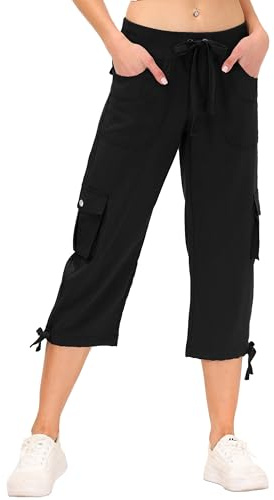 JINSHI Pantalones Cargo Mujer Verano Pantalón 3/4 Largos Capri Pantalones Casual Ligero Senderismo Jogging Deportivo Multi-Bolsillos Negro Talla 3XL