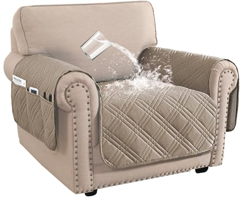 BellaHills Waterproof Sofa Cover 1 Seater Living Room Armchair Covers Sofa Slipcovers Chair Seat Covers with Side Pocket for 1 Seater Sofa Washable Couch Cover for Dogs (1 Seater, Taupe)