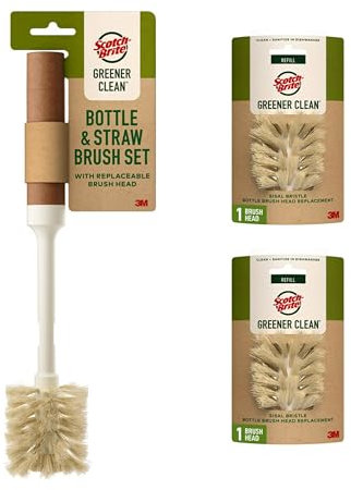 Scotch-Brite Greener Clean - Juego de cepillos para botellas y pajitas con 2 cabezales de cepillo reemplazables