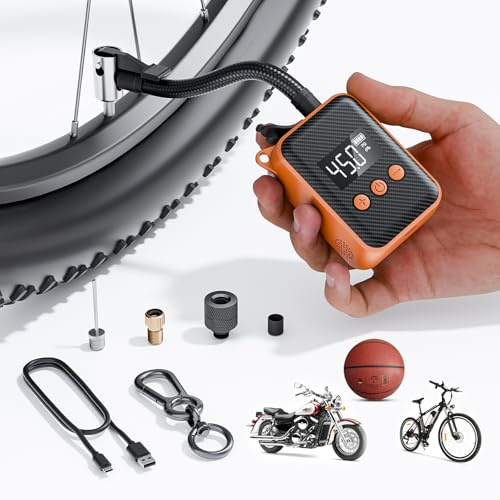 Mini Pompe à Vélo Électrique 130PSI, Pompe à Pneu Portable avec Manomètre, Arrêt Automatique, Batterie Rechargeable, pour VTT/Vélo de Route/Ville, Valve Presta et Schrader, Orange