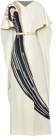 UIOKLMJH Robe Maxi Imprimée pour Femmes Col en V Manches Cape avec Ceinture Tenue De Soirée Élégante Longueur Au Sol Été White S