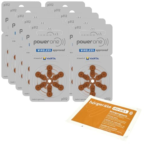 60x Power One 312 Hörgerätebatterien P312 PR41 (10x 6er Blister) + DIREKT Reinigungstuch | für Hörgeräte