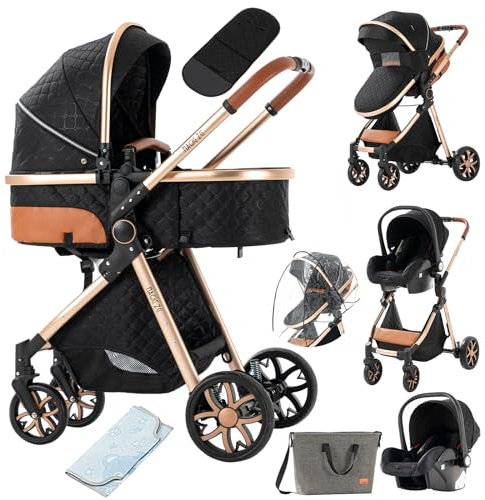 MoLi Passeggino Trio, Passeggino 3 in 1 con Doppia Modalità Push Reversibile, Trio Passeggino Neonati con Grande Navicella, Carrozzina per Neonati in Alluminio Pieghevole (225 Black Gold)