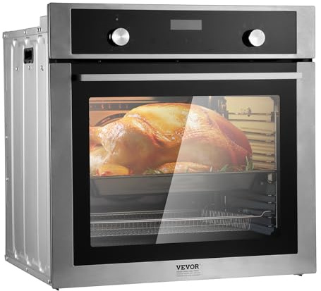 VEVOR Horno Empotrable 76L Horno Simple de Pared 59,5cm Eléctrico 3550W con 9 Funciones de Cocción Calentamiento Rápido a 200°C en 5 Minutos con Rejilla y Bandeja de Cocción para Restaurante, Cocina