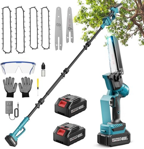 Ovshnrr 2 IN 1 Akku Hochentaster, 6 Zoll und 8 Zoll Mini Kettensäge und Elektro Hochentaster, mit Akku 2x4000mAh, Es 4 Länge Kann Gespleißt Werden, Arbeitshöhe bis 14.1FT für Zweige Beschneiden