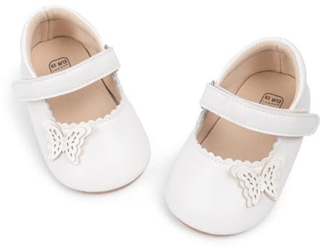 Fromosa Infant Baby Girl Mary Jane Dress Flats Shoes Newborn Non-Slip Soft Sole First Walking Crib Shoes Christmas Wedding Baptism Princess Shoes 12-18 Months