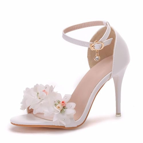 LYAHVGU Scarpe da Sposa da Donna, Sandali con Tacco Alto a Spillo con Cinturino alla Caviglia Eleganti Fiori in Chiffon da 9 cm, Sandali con Pompa per Abiti da Sera per la Festa Nuziale da Sposa