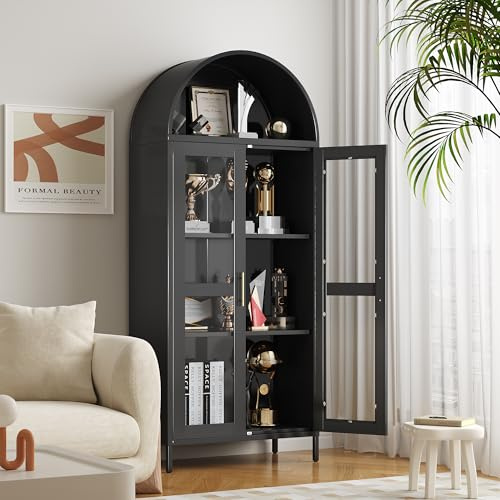 VEXPOR 73 Tall Arched Display Cabinet with Glass Doors, Metal Arched Curio Cabinet with 2 Adjustable Shelves for Living Room, Home Office, Assembly Required, Black