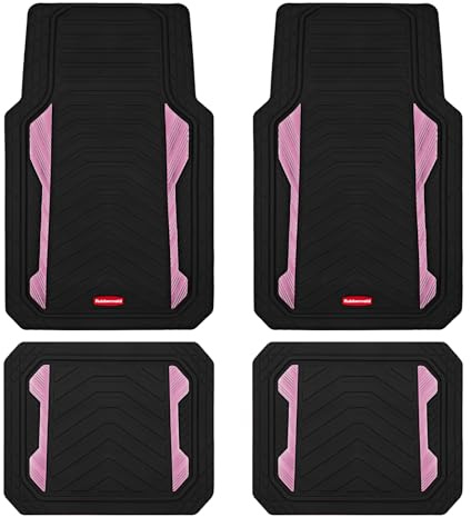 Rubbermaid Car Floor Mat, Heavy Duty All-Weather Car Mats Full Set with Dual-Tone Pink Aluminum Inserts – Universal Fit, Anti-Slip Backing, Trim-to-Fit for Most SUV, Sedan, Van
