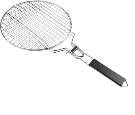 Griglia per barbecue a cestello pieghevole rotondo, in acciaio inox, con manico rimovibile, per pesce e verdure all'aperto