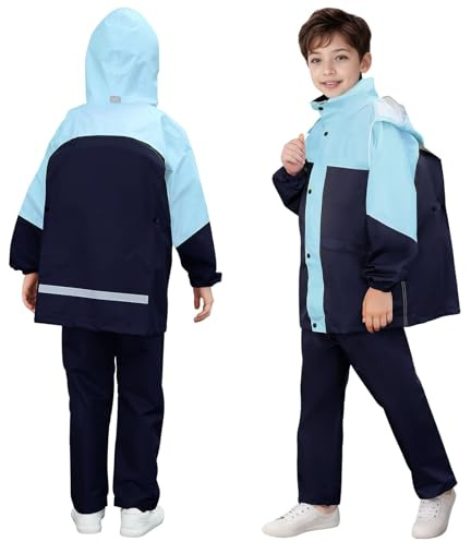 JinBei Kids Waterproof Suit Lightweight Trousers and Jacket Set, 8-14 Years | Girls Boys 2 Piece Set Rain Coat, Hooded Raincoat, Reflective Stripes, with Portable Storage Bag, for School Camping Outdoor