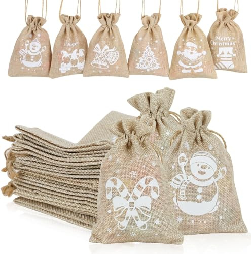 SULOLI 12 Stück Weihnachts-Sackleinen-Taschen, Kordelzug, Geschenkbeutel, Jutebeutel mit Kordelzug, ideal für Weihnachtsdekoration, Süßigkeiten, Kekse und Geschenkverpackungen