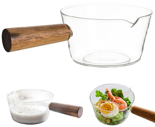Hbbgdiy Pentola di Latte in Vetro da 600 ml con Manico in Legno e Lancia Una casseruola Resistente al Calore Antiaderente per Pasta per Alimenti per Bambini Pasta cuocera