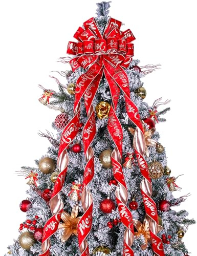 Christmas Tree Topper Wreath Bow Large Christmas Bow Tree Topper 52x13 Red Velvet Fabric with Champagne Gold Christmas Letter Pattened Gift Bows for Xmas Holiday Home Wedding Thanksgiving Decoration