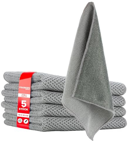 Franken Group Microfasertücher zweiseitig - weich & abrasiv (rau) - Grau - 5 Stück - 30x30 cm - saugstark & fusselfrei - Mikrofasertuch für Haushalt, Auto & Glas - Trockentuch