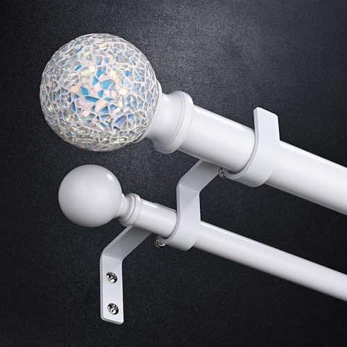 Wolistsa White Double Curtain Rod 72 to 144 Inch, Decorative Extra Long Dual Curtain Rod with Mosaic Glass Crystal Ball Finial, 1 Inch Adjustable Heavy Duty Cute Coastal Drapery Rods for Girls Room