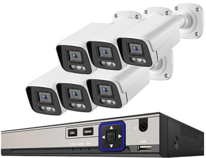 Sistema di telecamere di Sicurezza CCTV Poe HD da 10 canali e 5 MP, Kit NVR da 8 canali e 4 canali, rilevamento del Volto, Set IP for Esterni, Video Domestico(None,8CH NVR x 6Cameras)