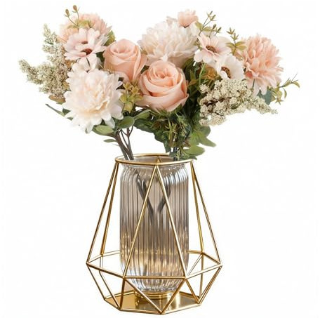 2 BouquetsFleur Champagne Artificielle, Fleur Artificielle Rose, Fausse Fleur Decoration, Bouquet de Roses Artificielles, Pivoines Artificielles pour Décoration Maison Table, Vases et Mariages