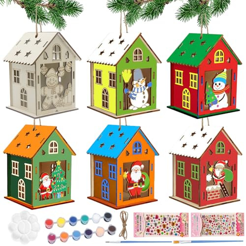Forbabe 6 Set di Casette di Natale per Bambini, Set per il Fai da Te di Natale in Legno, Casetta per Candele DIY, Set per il Fai da Te in Legno, Decorazione, Casette di Natale da Dipingere