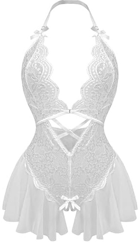 Rayson Lingerie Donna Sexy Pizzo Floreale Babydoll Senza Schienale Scollo V Profondo Body Rete Camicia da Notte(bianco)