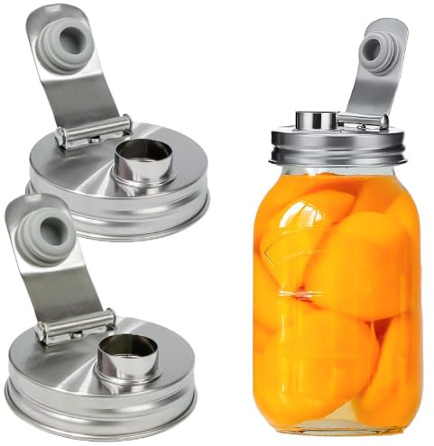 2PCS Mason Jar Lids with Flip Cap Pour Spout – Stainless Steel Reusable Regular Mouth Mason Jar Lids Only, Leak-Proof Airtight Canning Lids for Drinks, Juice, Dressing & Home Brewing