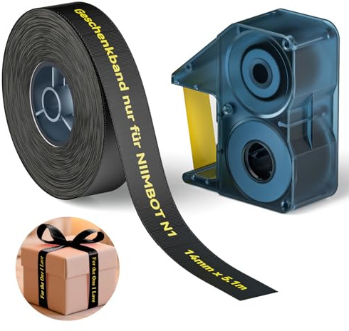 NIIMBOT N1 Satinband Set, Geschenkband nur für N1 Etikettendrucker, Satinband Bänder für Geschenke, Hochzeiten, Partys, Bastelverpackungen, DIY, Schwarz Band (14 mm x 5,1 m) mit Goldenes Band