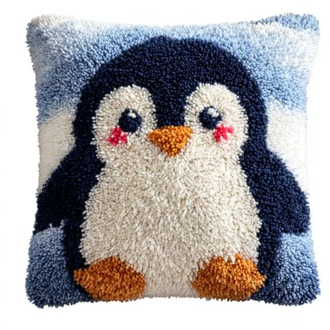 Kitquiver Tier Kissen Knüpfen Kit,Pinguin,Knüpfkissen Set Für Anfänger Erwachsene Oder Kinder Zum Selber Knüpfen,Diy Knüpfteppich Knüpfpackung,43X43Cm