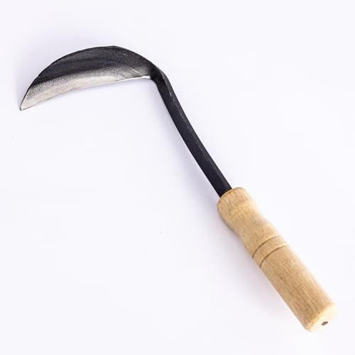 Faucille ronde avec poignée en bois, jardinage, faucille en acier japonais, outil de faucille à main, faucille à gazon, faucille de gazon pour bonsaï, manche en bois (A)