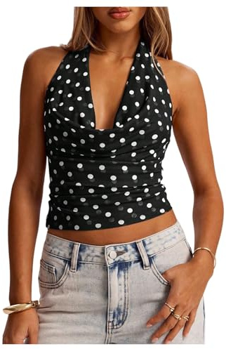 GORGLITTER Women's Mesh Polka Dots Halter Neck Tops Y2K Going Out Crop Top | Tie Backless, Draped Neck, Skinny, Retro, Cinched Waisted, Halter Neck Tops for Summer, Going Out