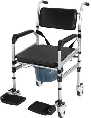 Duschstuhl mit Rädern, Dusch-Toilettenrollstuhl mit 4 Feststellbaren Rädern, klappbarer Duschstuhl, höhenverstellbarer 48-54cm, bis 160kg, für senioren, kranke, behinderte und schwangere